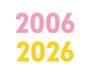 Kaksi vuosilukua päällekkäin. Ylempänä 2006 vaaleanpunaisella ja alempana 2026 keltaisella.