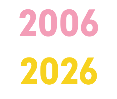 Kaksi vuosilukua päällekkäin. Ylhäällä vaaleanpunaisella 2006 ja alhaalla keltaisella 2026.
